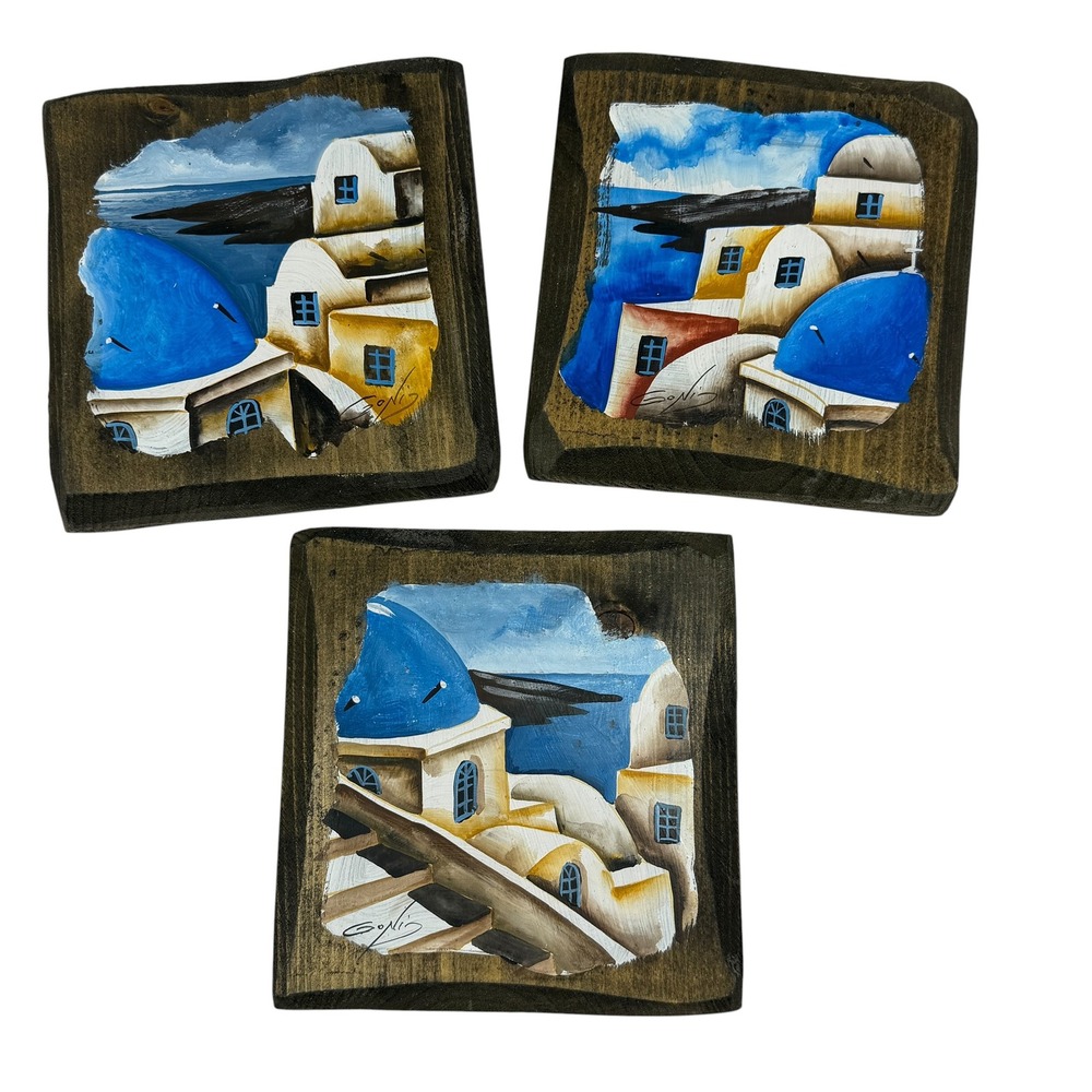 Set of 3 Santorini Greece Hand Painted Wood Wall Art Signed Blue Domes Churches